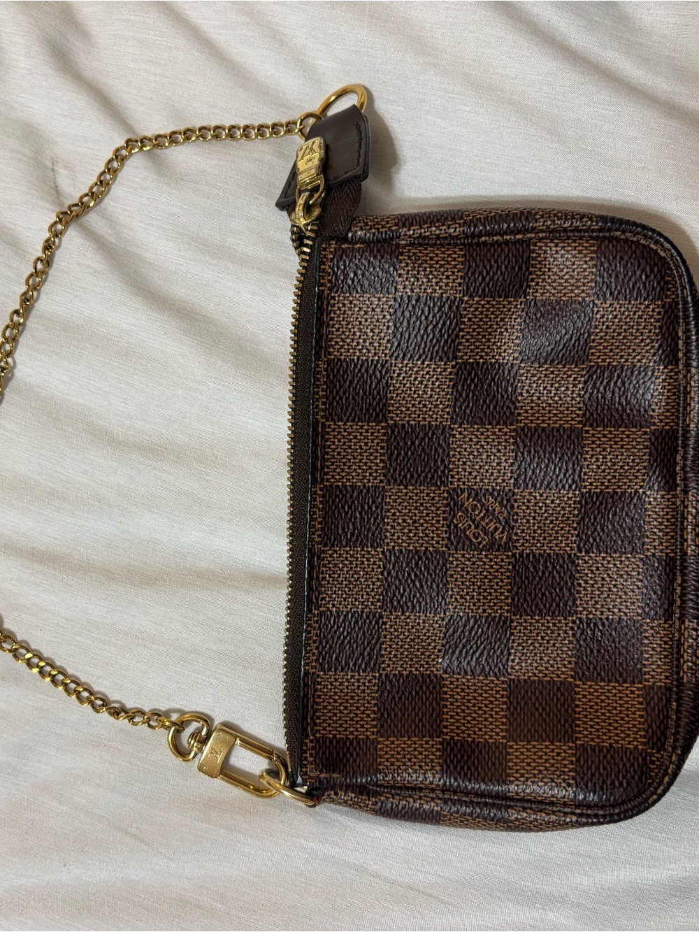 Louis Vuitton Brown Damier Ebene Mini Pouch with Gold Chain
